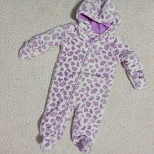 Koalababy EUC Purple/White Leopard Print Super Thick Plush Footed Snow Suit 6-9M